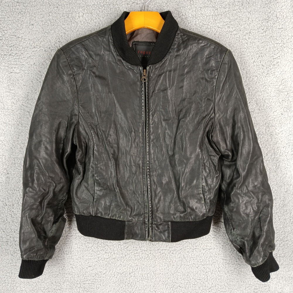 Rogue‎ Women's Medium Black Leather Bomber Jacket Full Zip Ribbed Trim